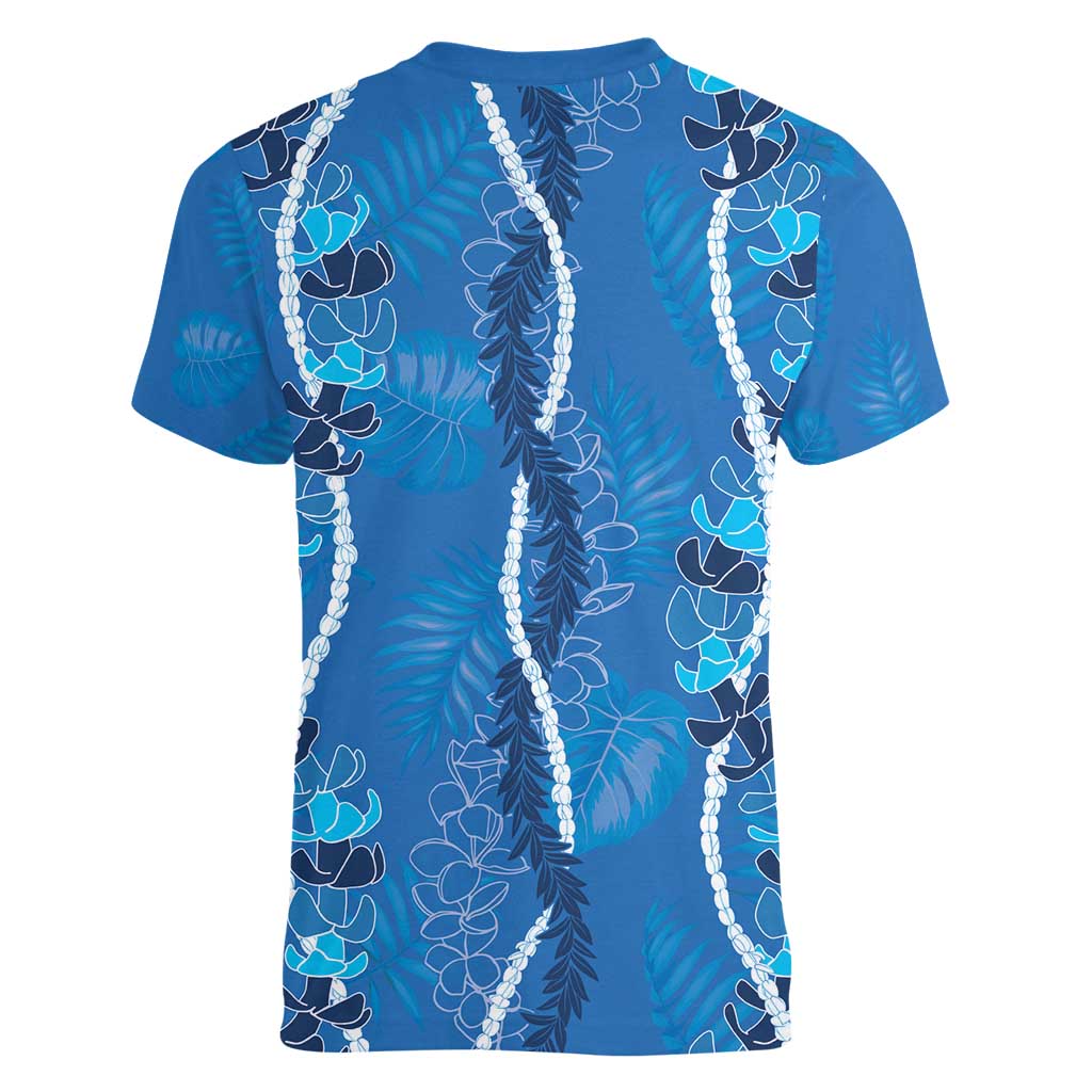 Hawaii Maile Lei Women V-Neck T-Shirt With Blue Monstera Pattern LT05 - Polynesian Pride