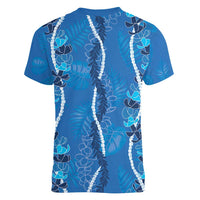 Hawaii Maile Lei Women V-Neck T-Shirt With Blue Monstera Pattern LT05 - Polynesian Pride