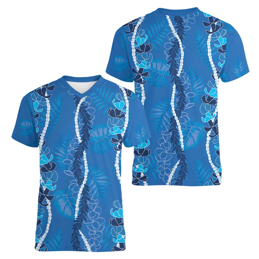 Hawaii Maile Lei Women V-Neck T-Shirt With Blue Monstera Pattern LT05 - Polynesian Pride