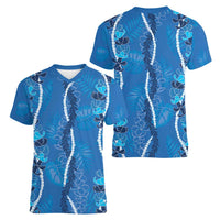 Hawaii Maile Lei Women V-Neck T-Shirt With Blue Monstera Pattern LT05 - Polynesian Pride