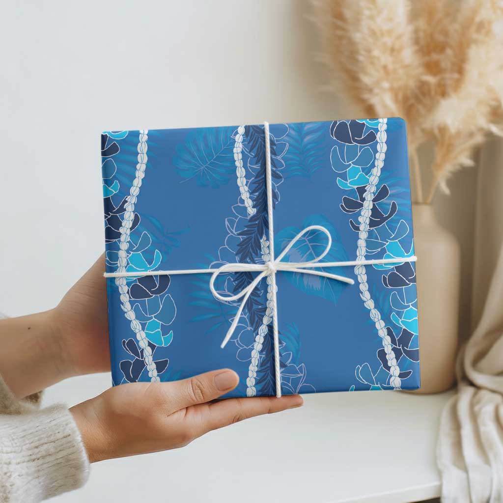 Hawaii Maile Lei Wrapping Paper With Blue Monstera Pattern - Polynesian Pride