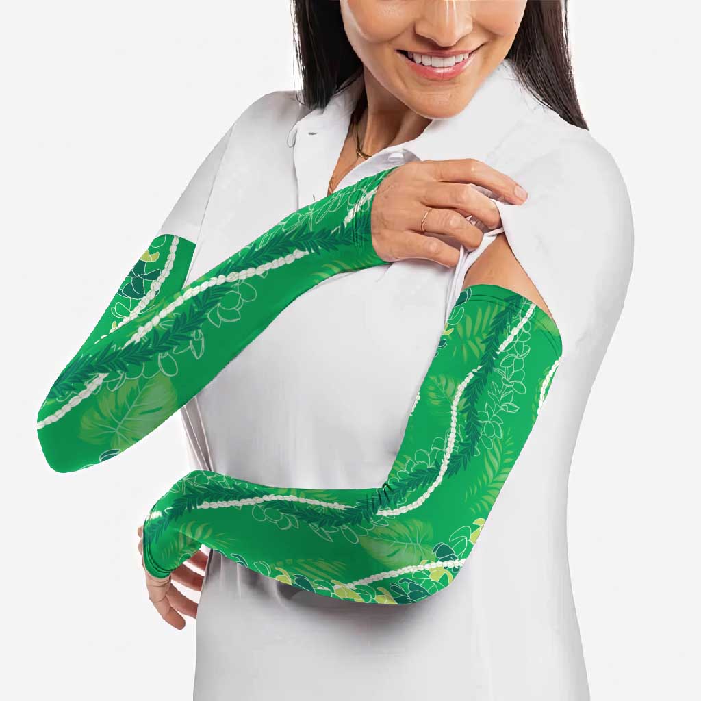 Hawaii Maile Lei Arm Sleeves With Green Monstera Pattern - Polynesian Pride
