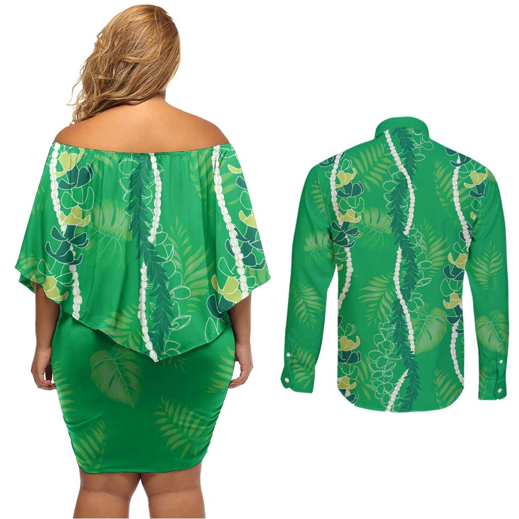 Hawaii Maile Lei Couples Matching Off Shoulder Short Dress and Long Sleeve Button Shirt With Green Monstera Pattern