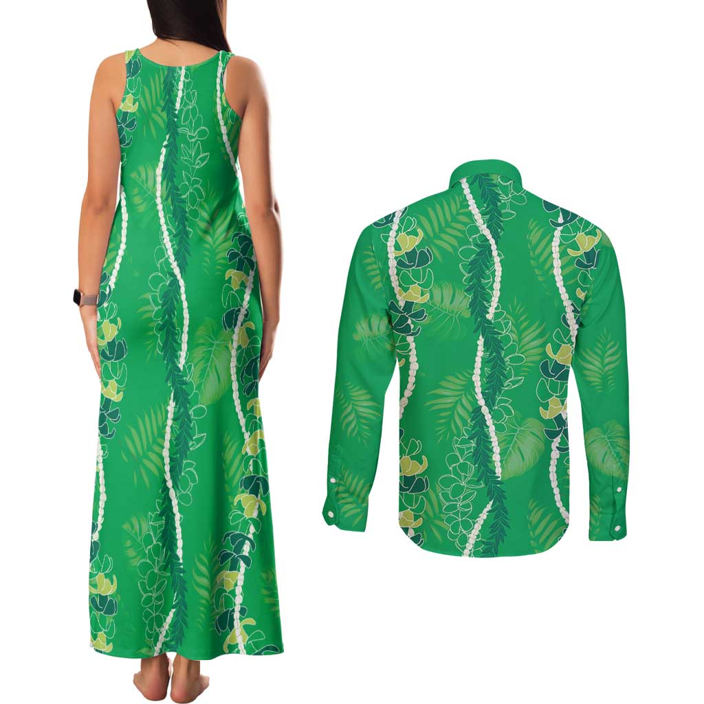 Hawaii Maile Lei Couples Matching Tank Maxi Dress and Long Sleeve Button Shirt With Green Monstera Pattern