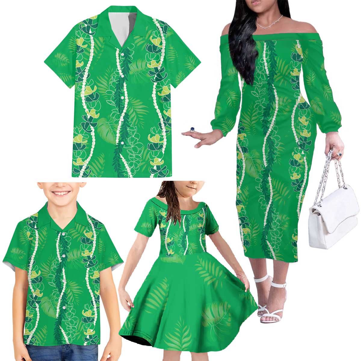 Hawaii Maile Lei Family Matching Off The Shoulder Long Sleeve Dress and Hawaiian Shirt With Green Monstera Pattern