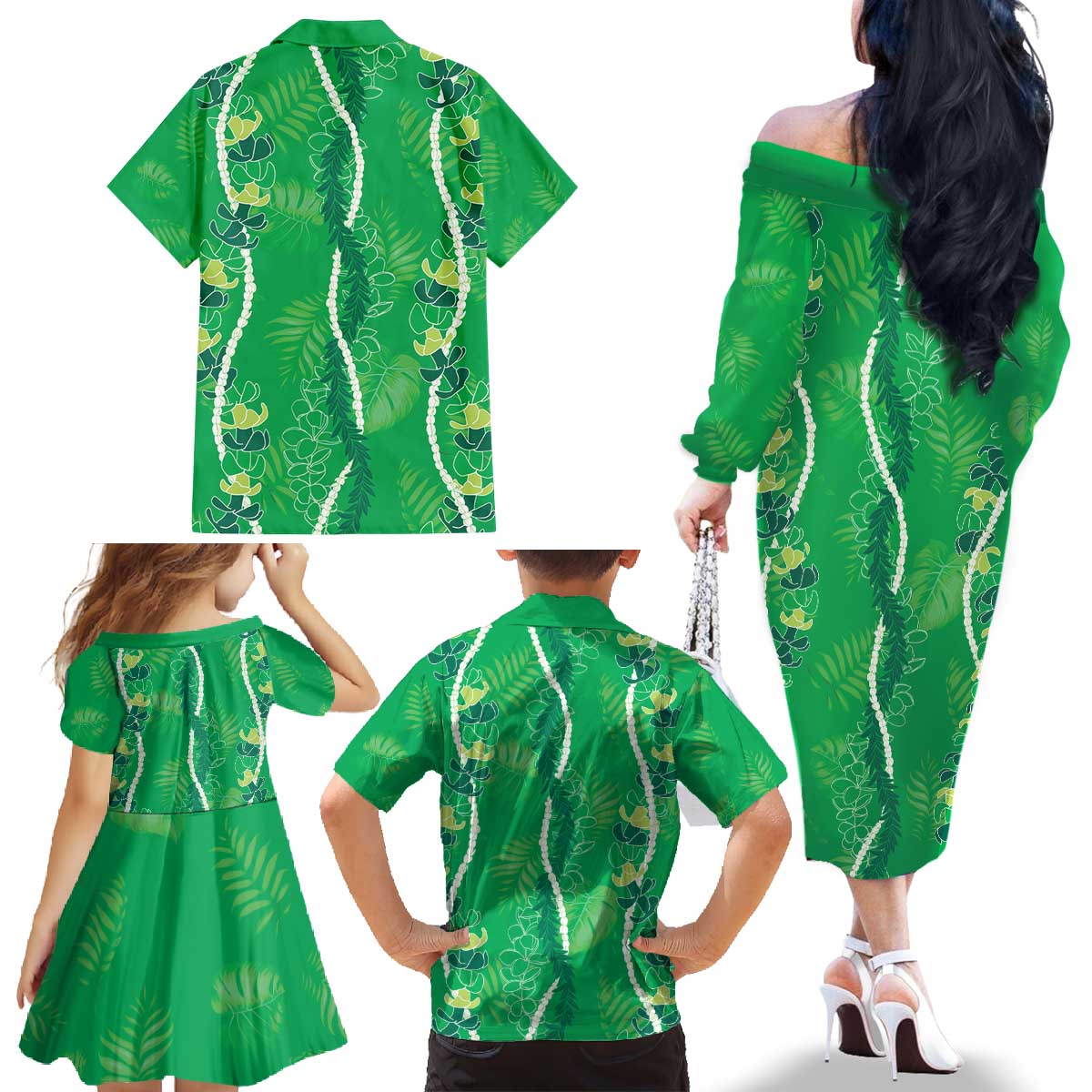 Hawaii Maile Lei Family Matching Off The Shoulder Long Sleeve Dress and Hawaiian Shirt With Green Monstera Pattern