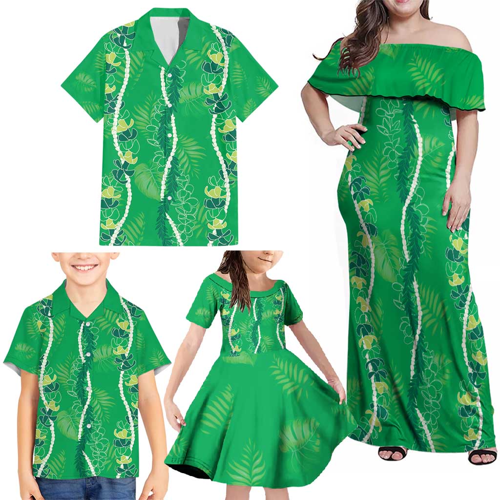 Hawaii Maile Lei Family Matching Off Shoulder Maxi Dress and Hawaiian Shirt With Green Monstera Pattern LT05 - Polynesian Pride