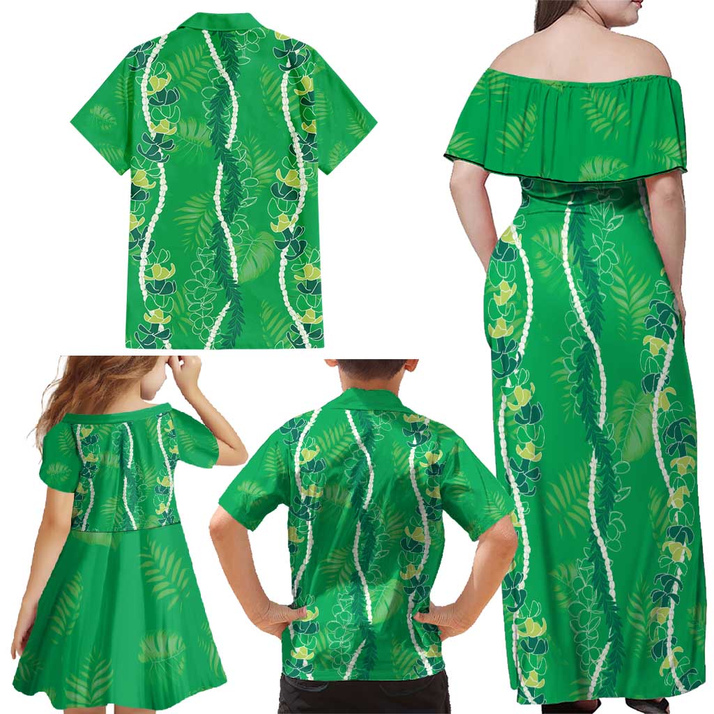 Hawaii Maile Lei Family Matching Off Shoulder Maxi Dress and Hawaiian Shirt With Green Monstera Pattern LT05 - Polynesian Pride