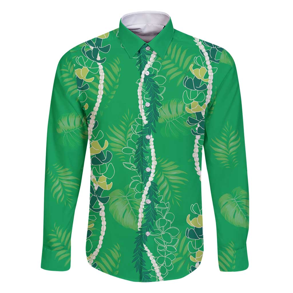 Hawaii Maile Lei Family Matching Off Shoulder Maxi Dress and Hawaiian Shirt With Green Monstera Pattern LT05 Dad's Shirt - Long Sleeve Green - Polynesian Pride