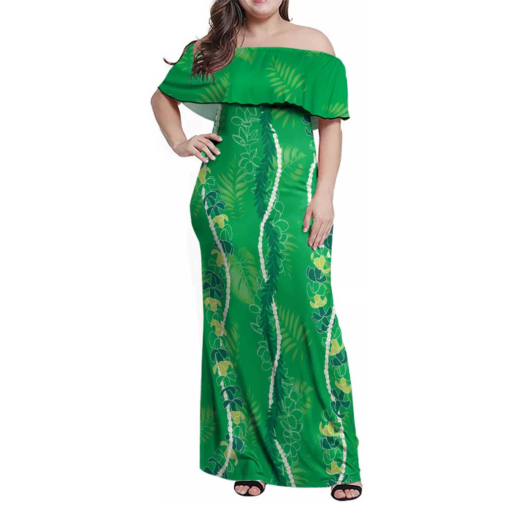 Hawaii Maile Lei Family Matching Off Shoulder Maxi Dress and Hawaiian Shirt With Green Monstera Pattern LT05 Mom's Dress Green - Polynesian Pride