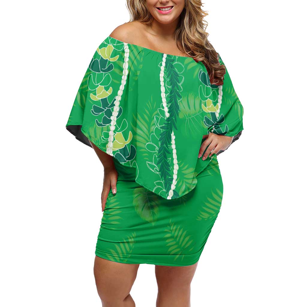 Hawaii Maile Lei Family Matching Off Shoulder Short Dress and Hawaiian Shirt With Green Monstera Pattern