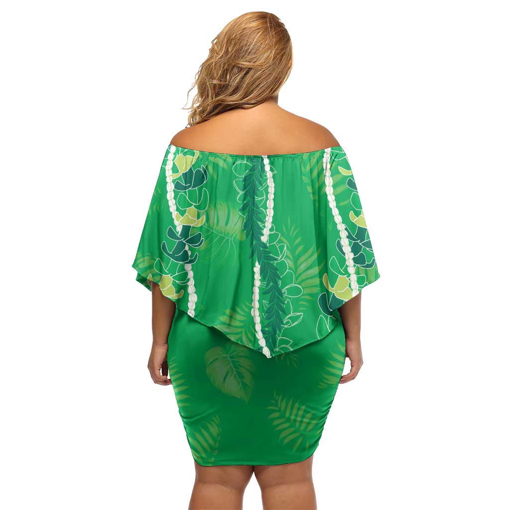Hawaii Maile Lei Family Matching Off Shoulder Short Dress and Hawaiian Shirt With Green Monstera Pattern