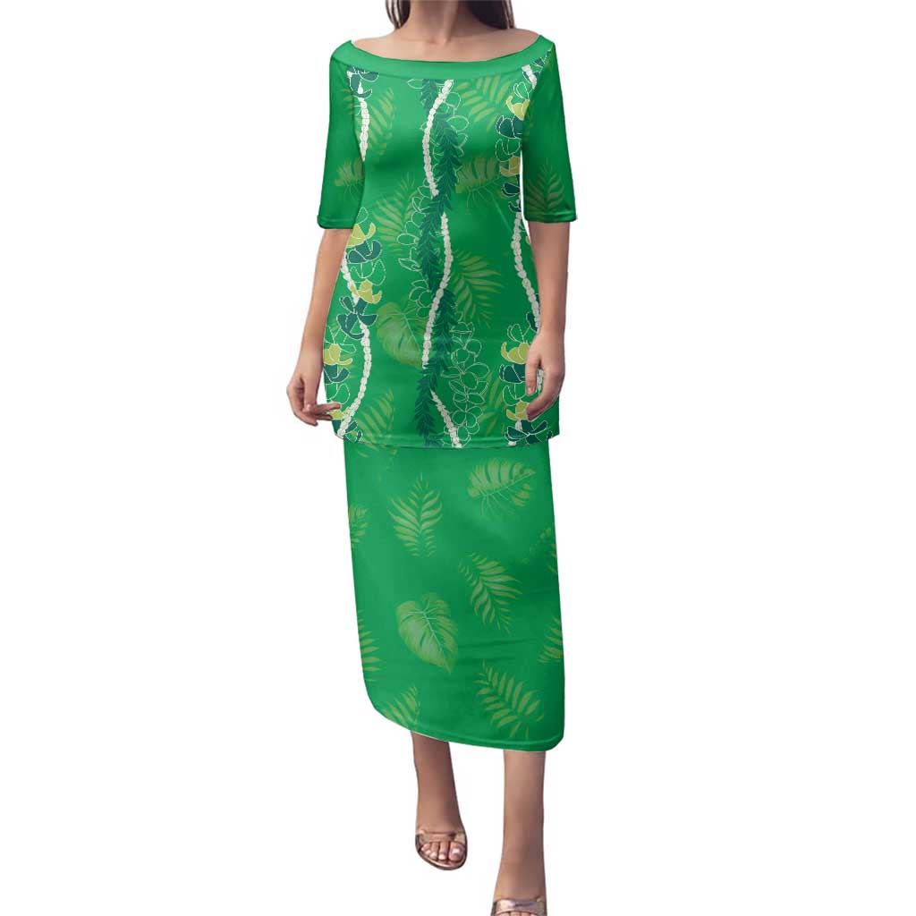 Hawaii Maile Lei Family Matching Puletasi and Hawaiian Shirt With Green Monstera Pattern