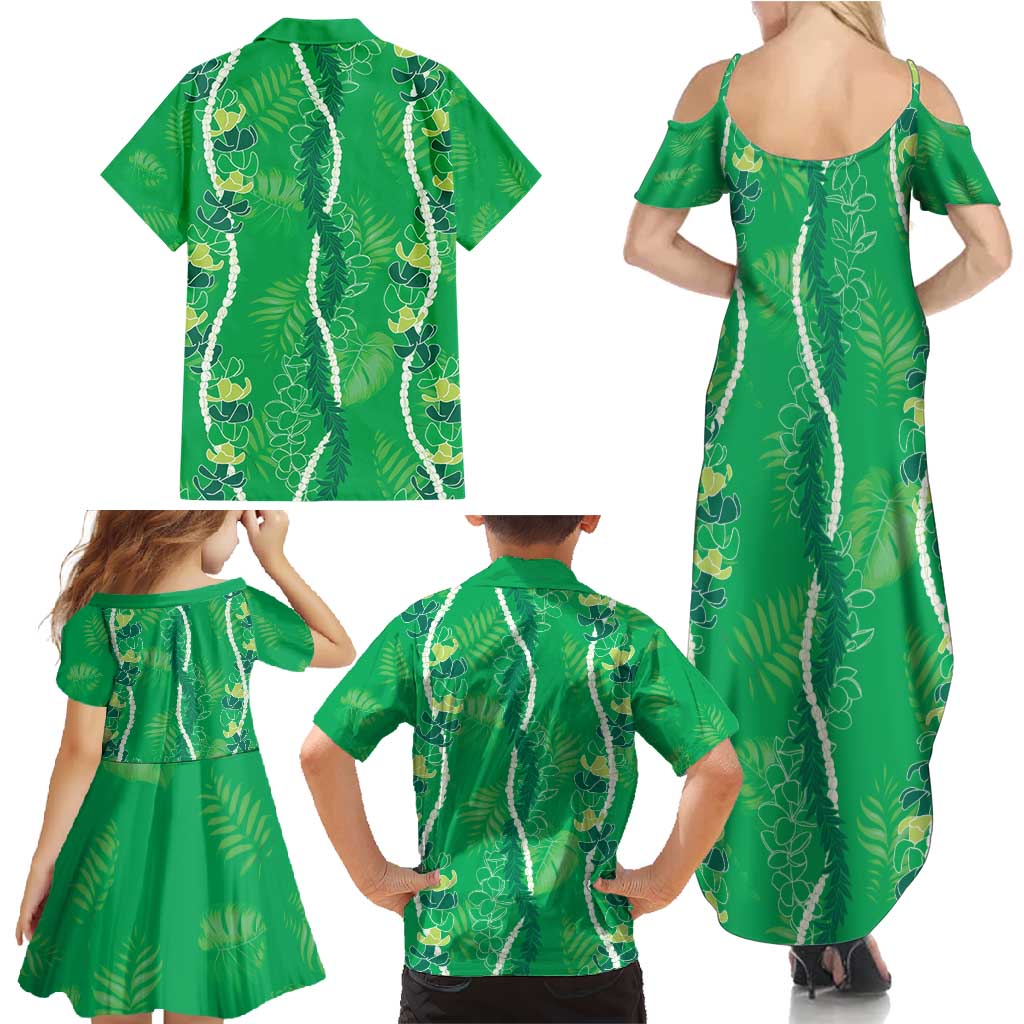 Hawaii Maile Lei Family Matching Summer Maxi Dress and Hawaiian Shirt With Green Monstera Pattern