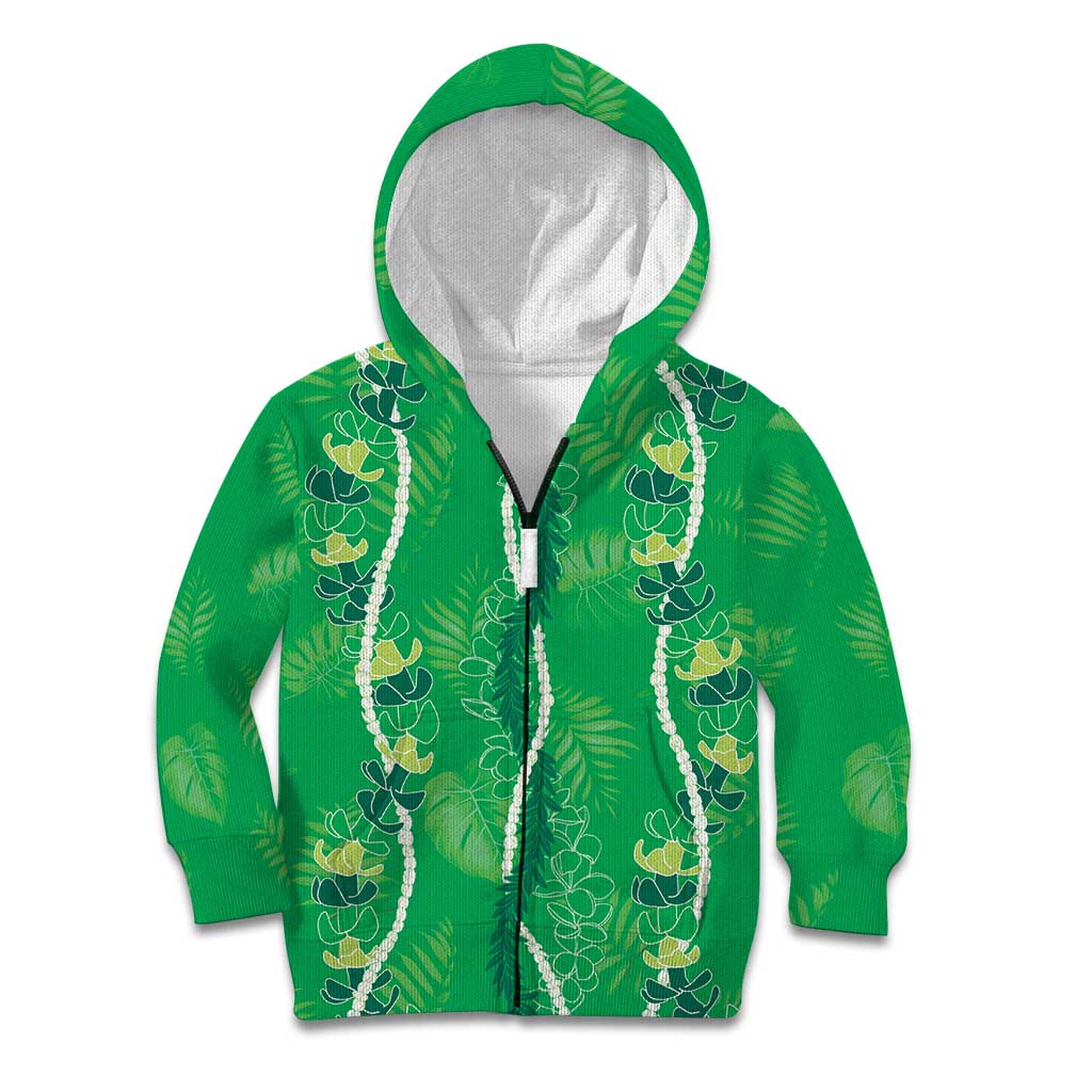 Hawaii Maile Lei Kid Hoodie With Green Monstera Pattern LT05 Zip Hoodie Green - Polynesian Pride