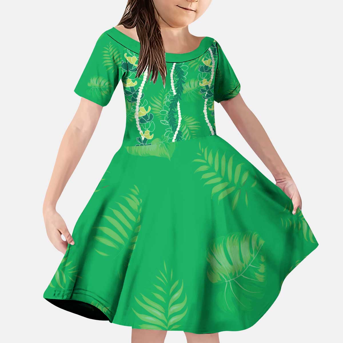 Hawaii Maile Lei Kid Short Sleeve Dress With Green Monstera Pattern LT05 KID Green - Polynesian Pride
