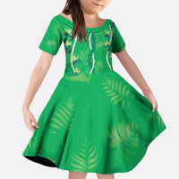 Hawaii Maile Lei Kid Short Sleeve Dress With Green Monstera Pattern LT05 KID Green - Polynesian Pride