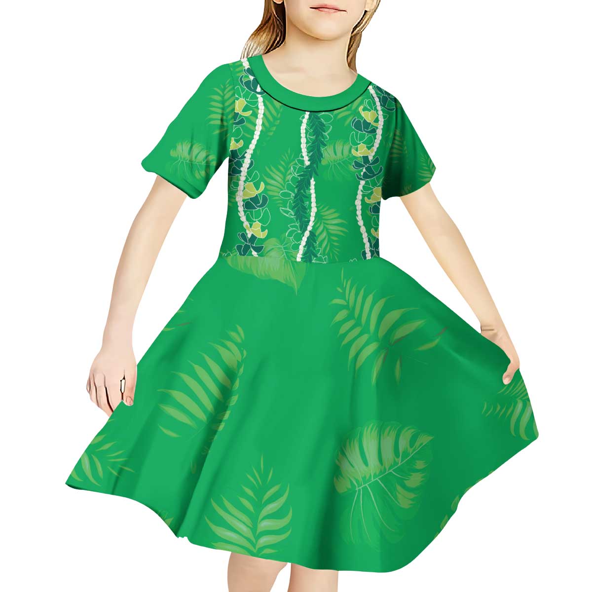 Hawaii Maile Lei Kid Short Sleeve Dress With Green Monstera Pattern LT05 - Polynesian Pride