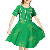 Hawaii Maile Lei Kid Short Sleeve Dress With Green Monstera Pattern LT05 - Polynesian Pride