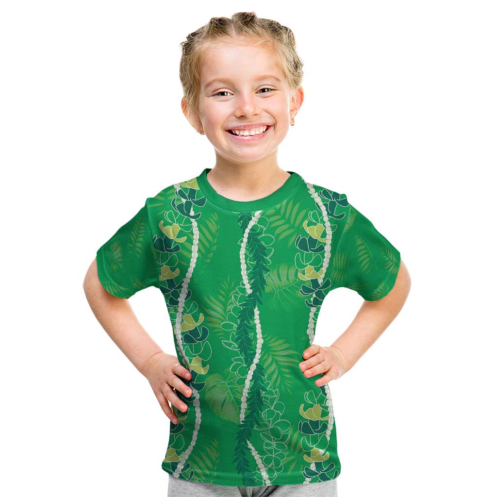 Hawaii Maile Lei Kid T Shirt With Green Monstera Pattern LT05 Green - Polynesian Pride