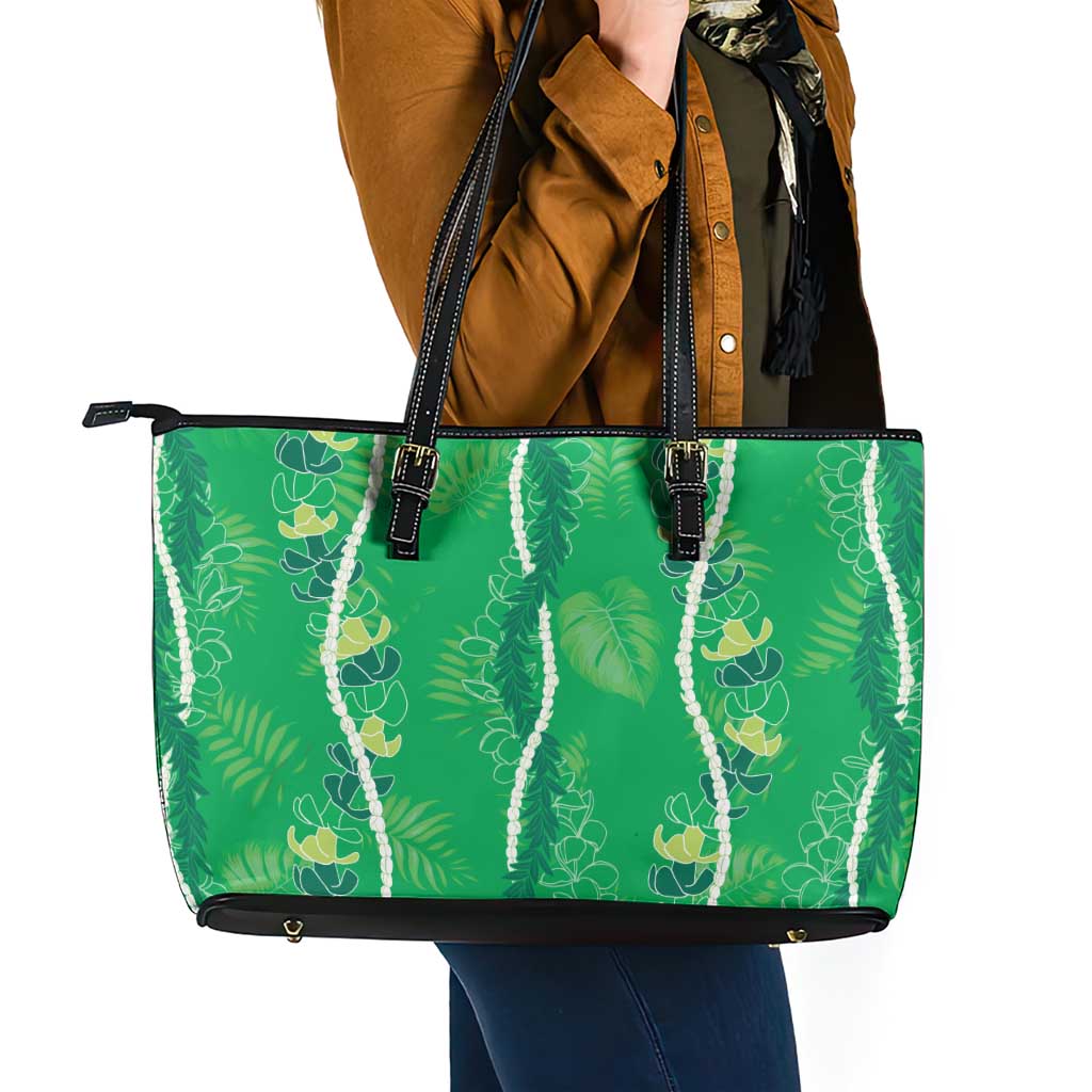 Hawaii Maile Lei Leather Tote Bag With Green Monstera Pattern LT05 - Polynesian Pride