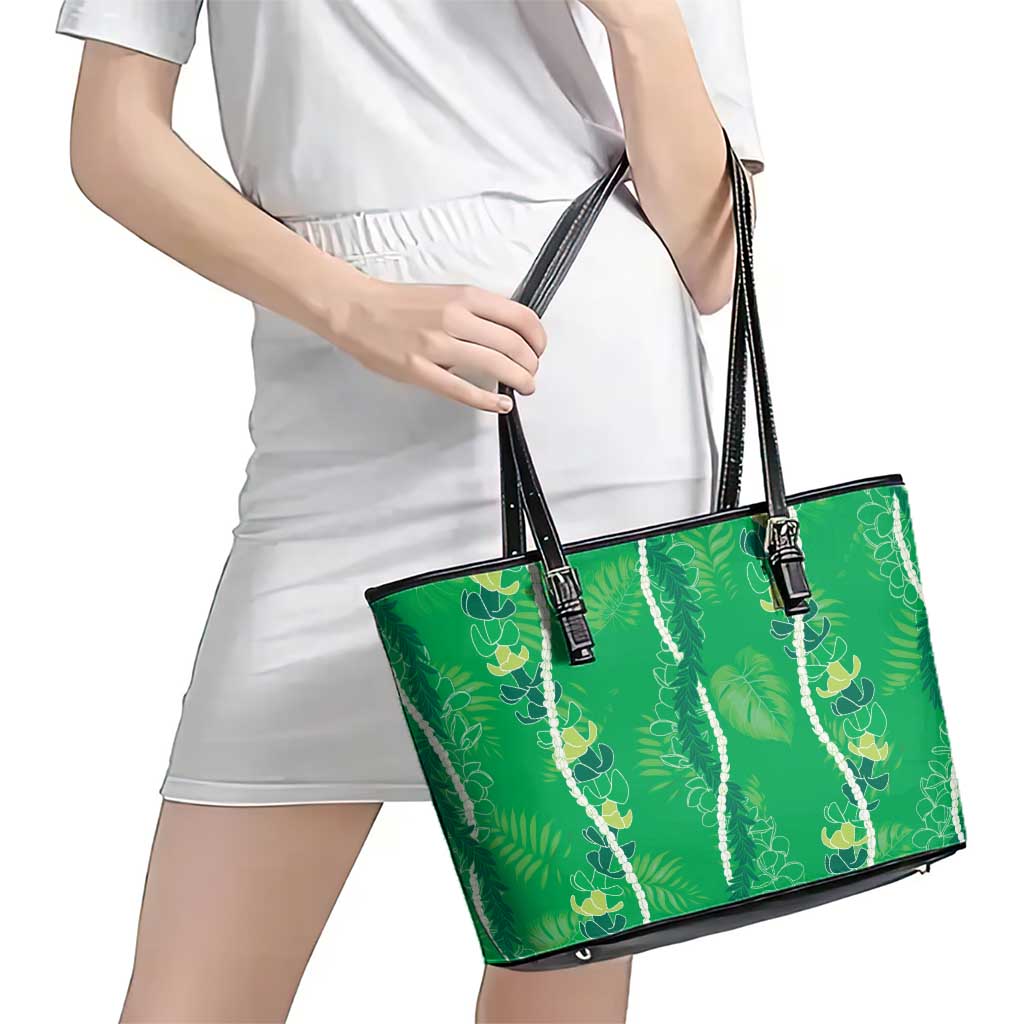 Hawaii Maile Lei Leather Tote Bag With Green Monstera Pattern LT05 - Polynesian Pride