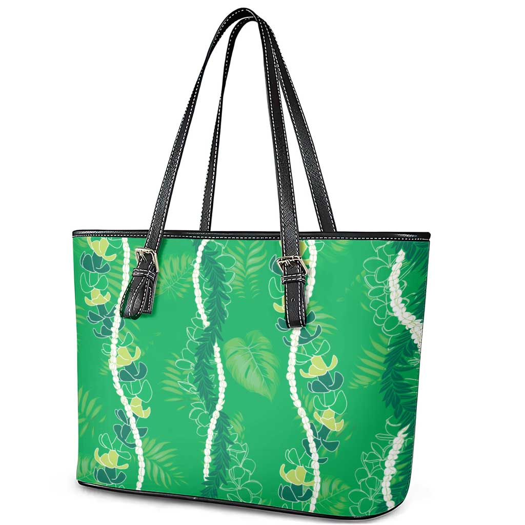 Hawaii Maile Lei Leather Tote Bag With Green Monstera Pattern LT05 - Polynesian Pride