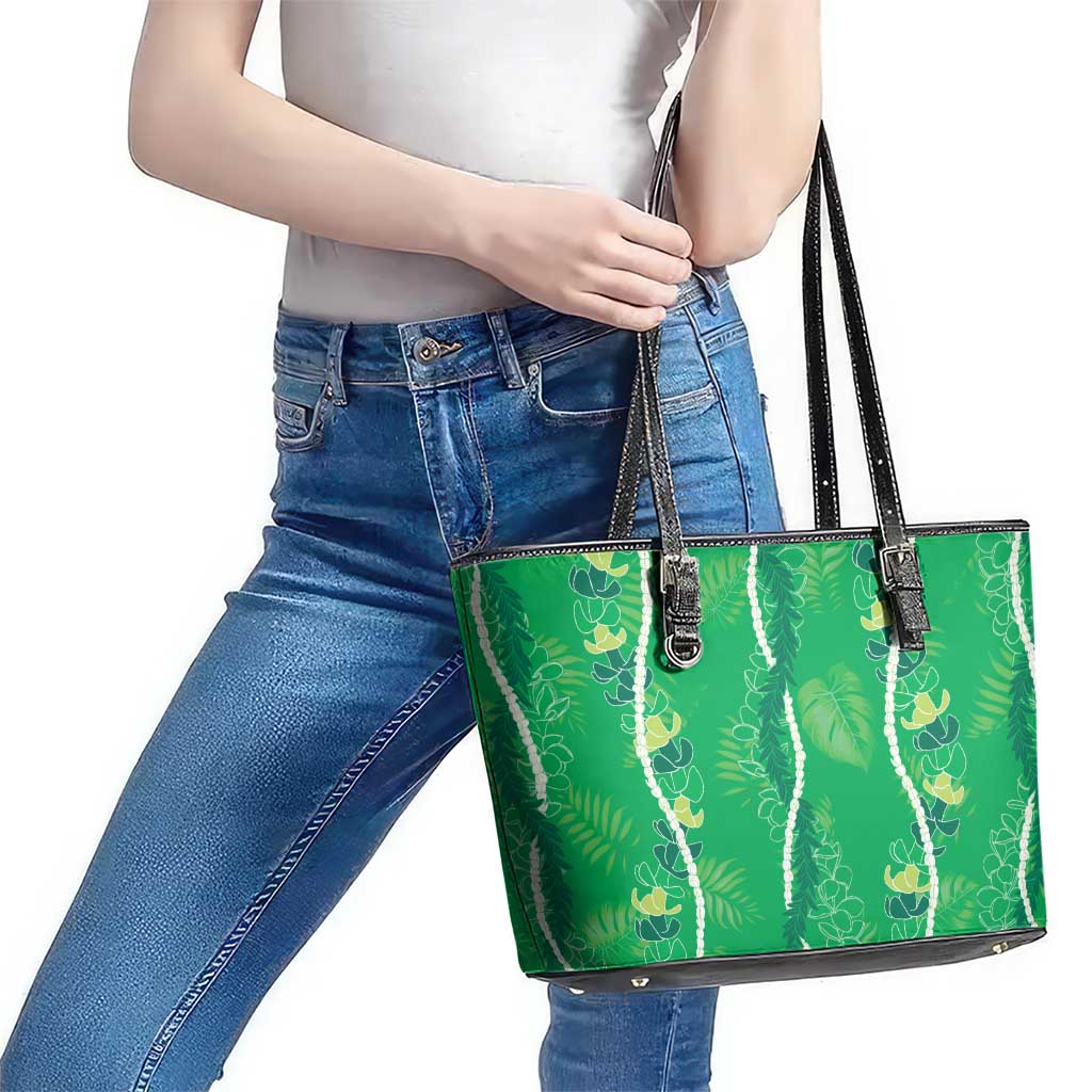 Hawaii Maile Lei Leather Tote Bag With Green Monstera Pattern LT05 - Polynesian Pride