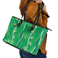 Hawaii Maile Lei Leather Tote Bag With Green Monstera Pattern LT05 - Polynesian Pride