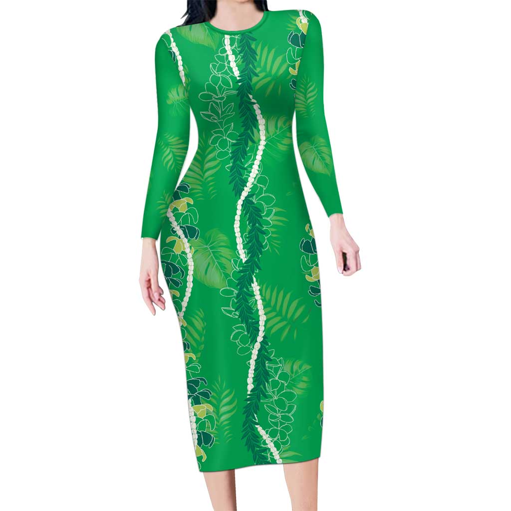 Hawaii Maile Lei Long Sleeve Bodycon Dress With Green Monstera Pattern LT05 Long Dress Green - Polynesian Pride