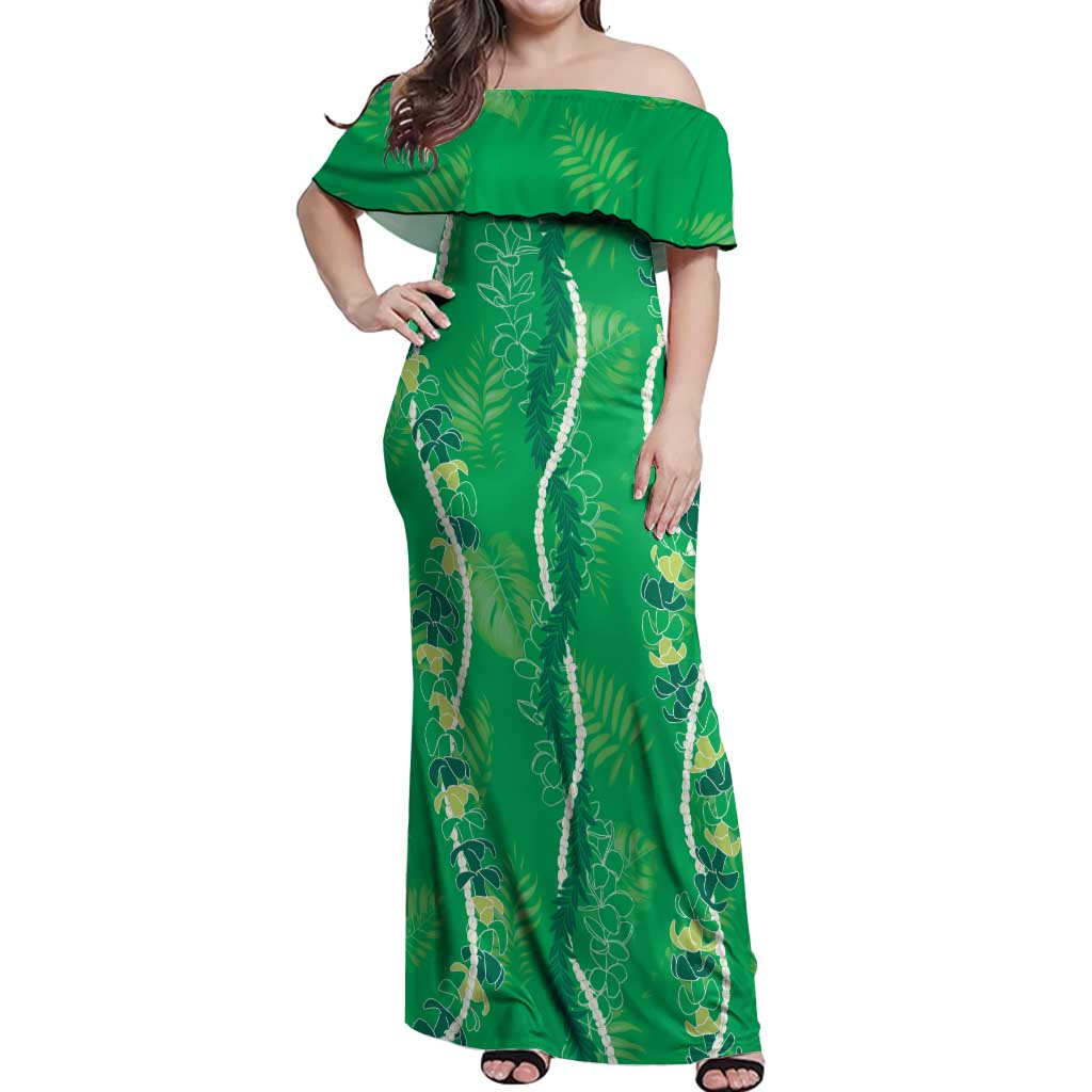 Hawaii Maile Lei Off Shoulder Maxi Dress With Green Monstera Pattern LT05 Women Green - Polynesian Pride