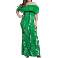 Hawaii Maile Lei Off Shoulder Maxi Dress With Green Monstera Pattern LT05 Women Green - Polynesian Pride