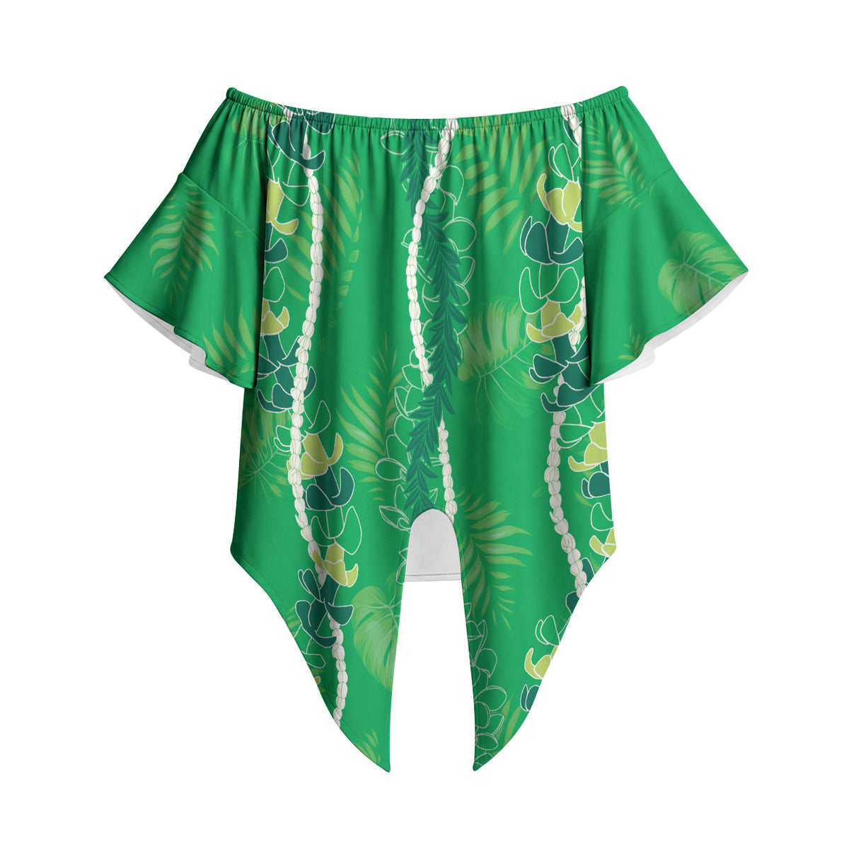 Hawaii Maile Lei Off Shoulder Wrap Waist Top With Green Monstera Pattern LT05 Green - Polynesian Pride