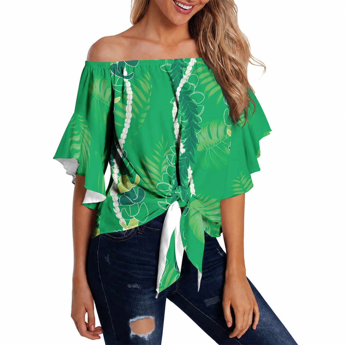 Hawaii Maile Lei Off Shoulder Wrap Waist Top With Green Monstera Pattern LT05 - Polynesian Pride