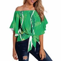 Hawaii Maile Lei Off Shoulder Wrap Waist Top With Green Monstera Pattern LT05 - Polynesian Pride