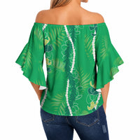 Hawaii Maile Lei Off Shoulder Wrap Waist Top With Green Monstera Pattern LT05 - Polynesian Pride