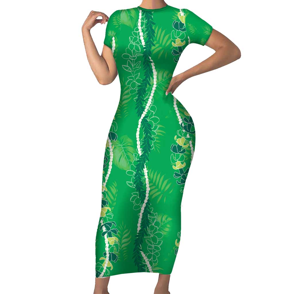 Hawaii Maile Lei Short Sleeve Bodycon Dress With Green Monstera Pattern LT05 Long Dress Green - Polynesian Pride