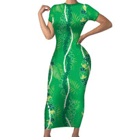 Hawaii Maile Lei Short Sleeve Bodycon Dress With Green Monstera Pattern LT05 Long Dress Green - Polynesian Pride