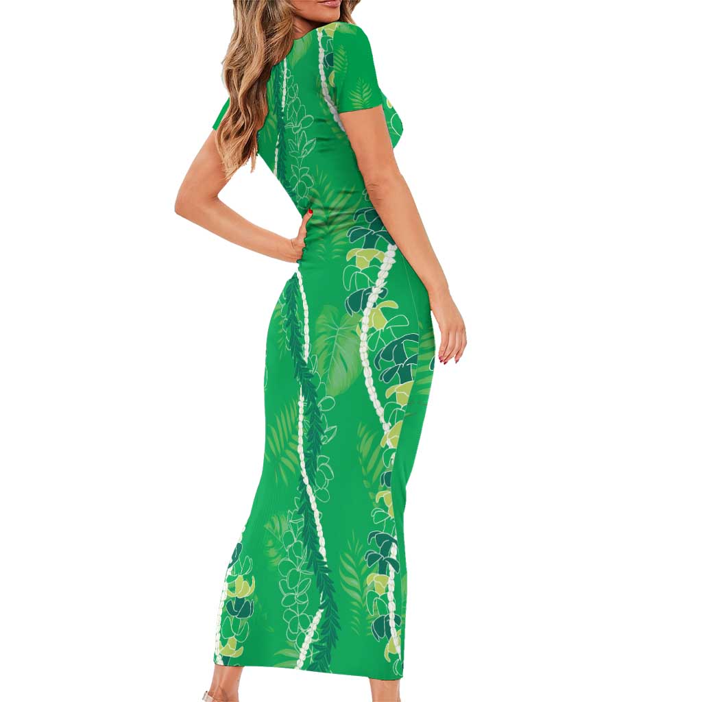 Hawaii Maile Lei Short Sleeve Bodycon Dress With Green Monstera Pattern LT05 - Polynesian Pride
