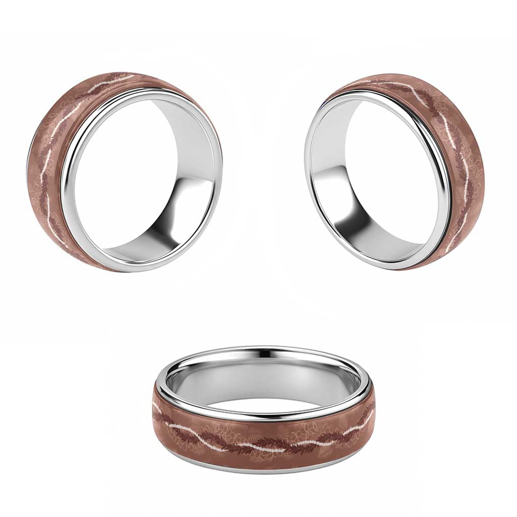 Hawaii Maile Lei Classic Ring With Brown Monstera Pattern - Polynesian Pride