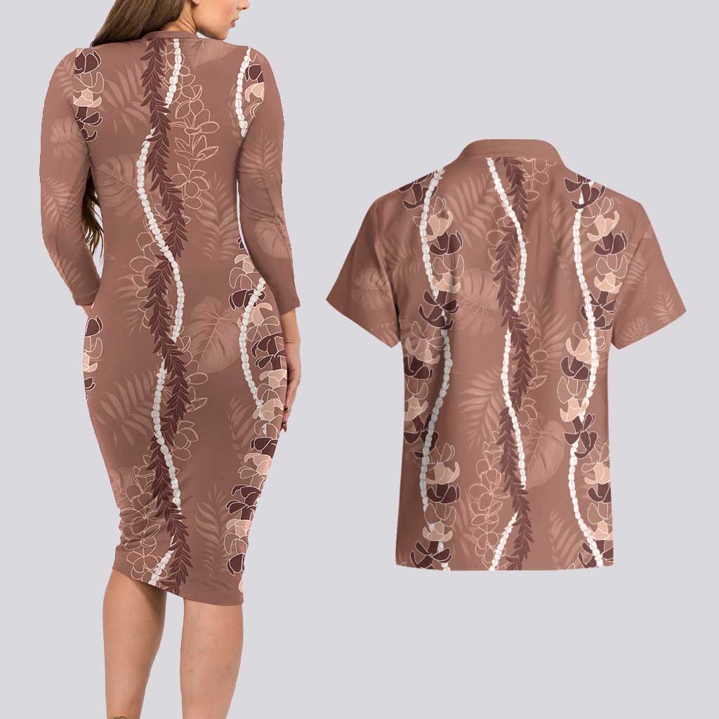 Hawaii Maile Lei Couples Matching Long Sleeve Bodycon Dress and Hawaiian Shirt With Brown Monstera Pattern
