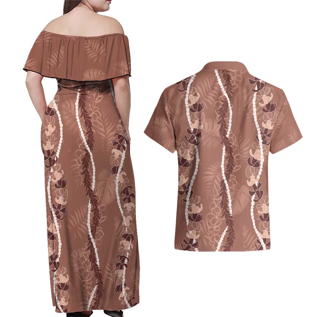 Hawaii Maile Lei Couples Matching Off Shoulder Maxi Dress and Hawaiian Shirt With Brown Monstera Pattern