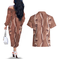 Hawaii Maile Lei Couples Matching Off The Shoulder Long Sleeve Dress and Hawaiian Shirt With Brown Monstera Pattern