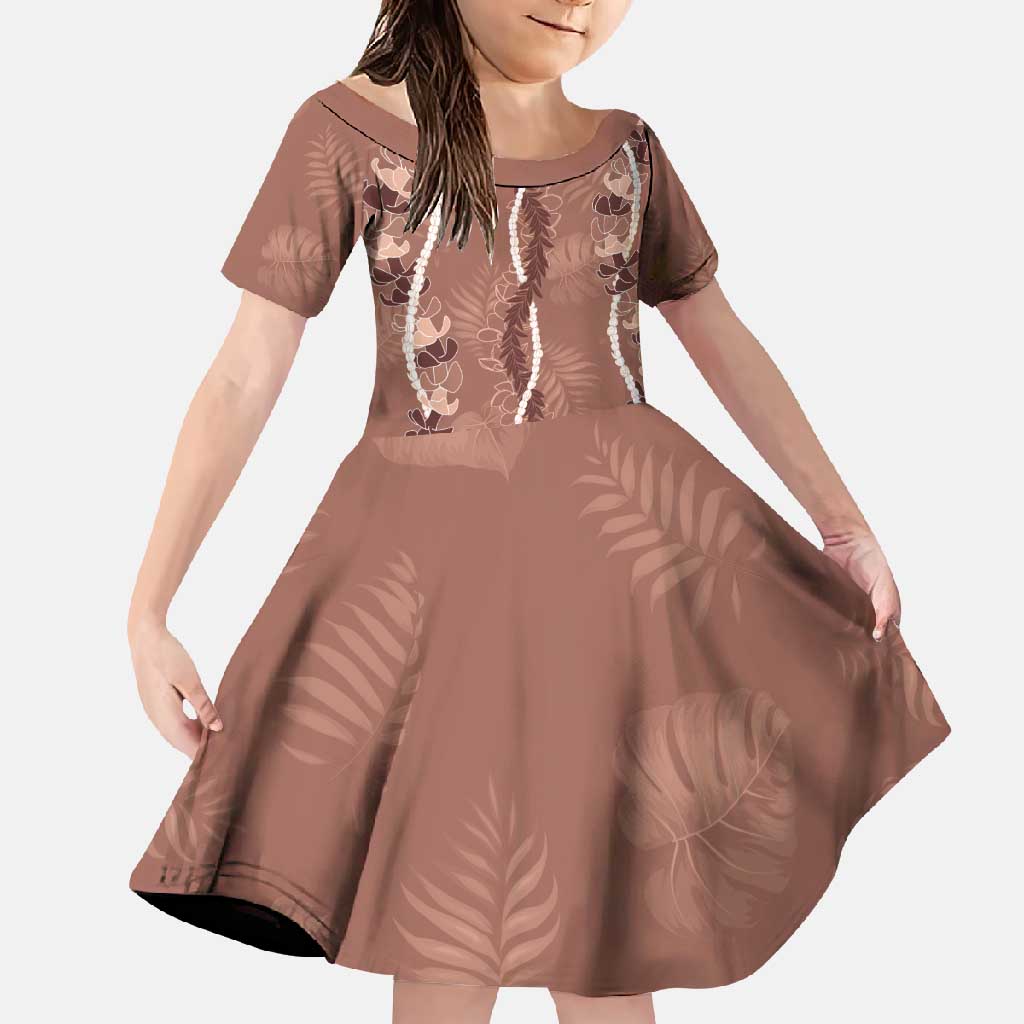 Hawaii Maile Lei Family Matching Mermaid Dress and Hawaiian Shirt With Brown Monstera Pattern LT05 Daughter's Dress Brown - Polynesian Pride