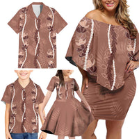 Hawaii Maile Lei Family Matching Off Shoulder Short Dress and Hawaiian Shirt With Brown Monstera Pattern
