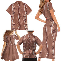 Hawaii Maile Lei Family Matching Short Sleeve Bodycon Dress and Hawaiian Shirt With Brown Monstera Pattern