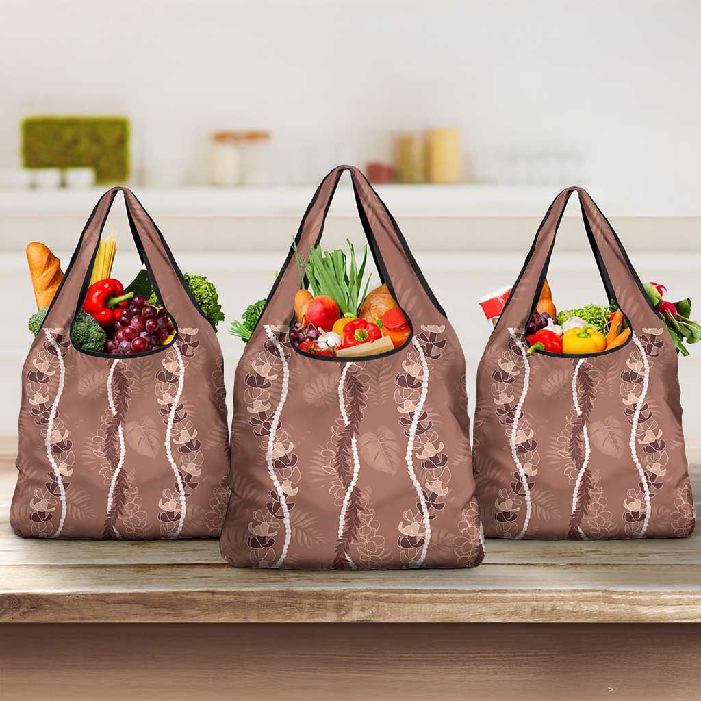 Hawaii Maile Lei Grocery Bag With Brown Monstera Pattern