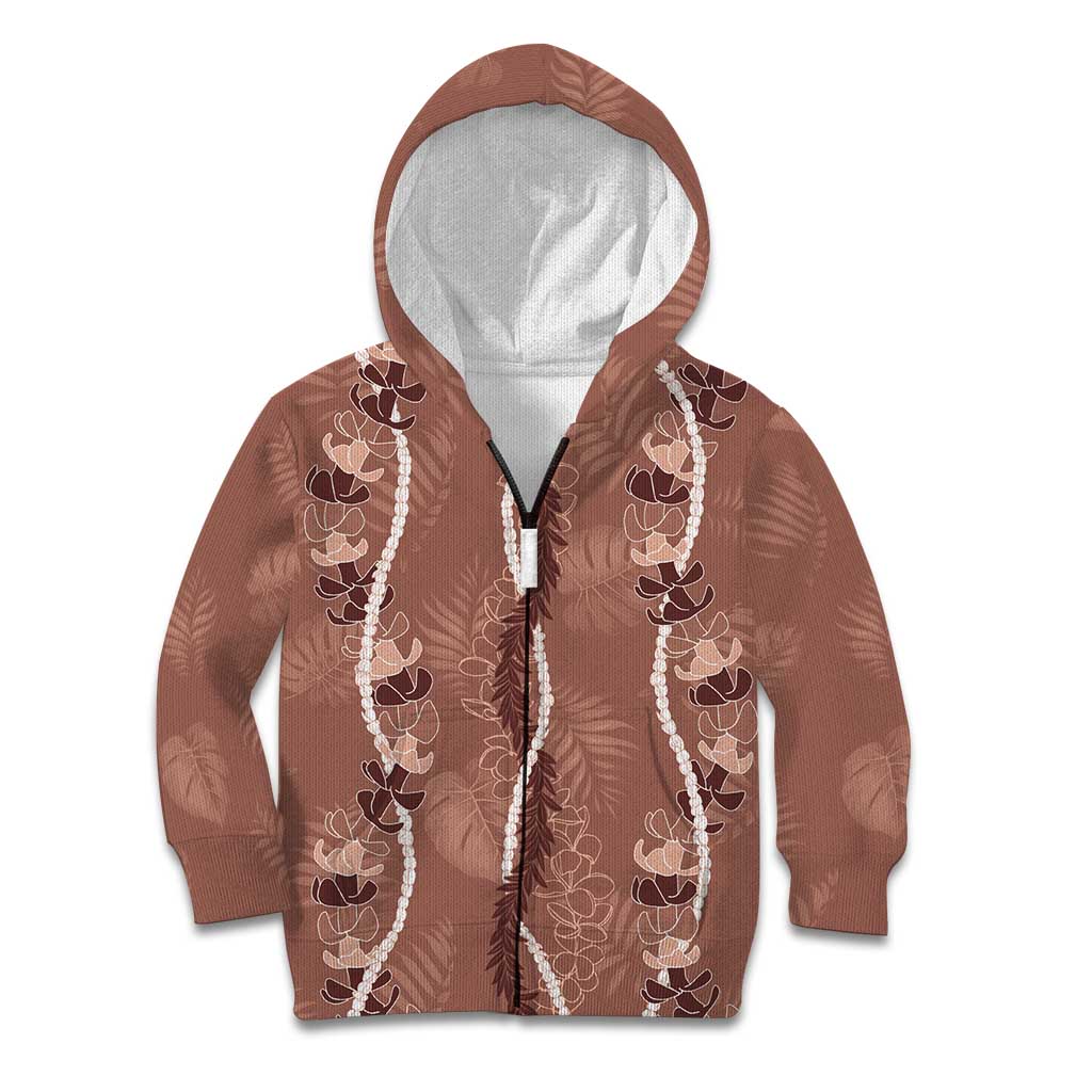 Hawaii Maile Lei Kid Hoodie With Brown Monstera Pattern LT05 Zip Hoodie Brown - Polynesian Pride