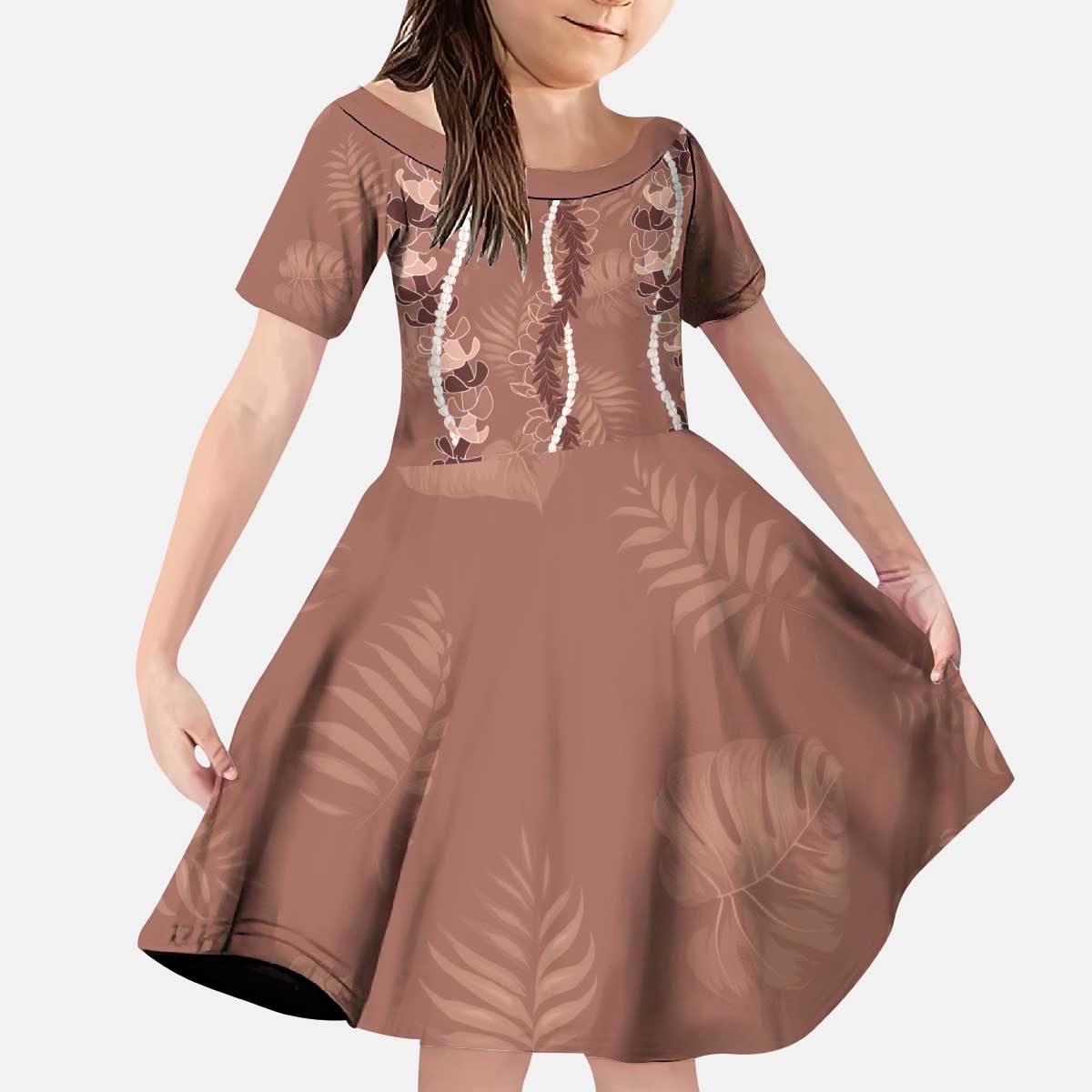 Hawaii Maile Lei Kid Short Sleeve Dress With Brown Monstera Pattern LT05 KID Brown - Polynesian Pride