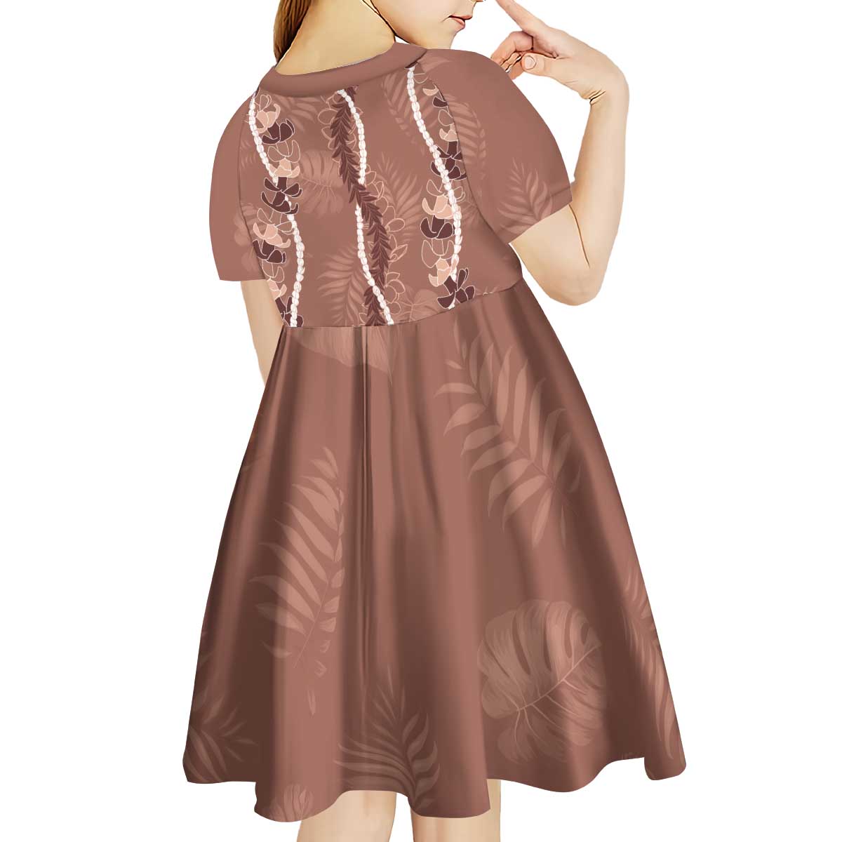 Hawaii Maile Lei Kid Short Sleeve Dress With Brown Monstera Pattern LT05 - Polynesian Pride